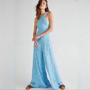 Free People Light Blue Floral Halter Jumpsuit